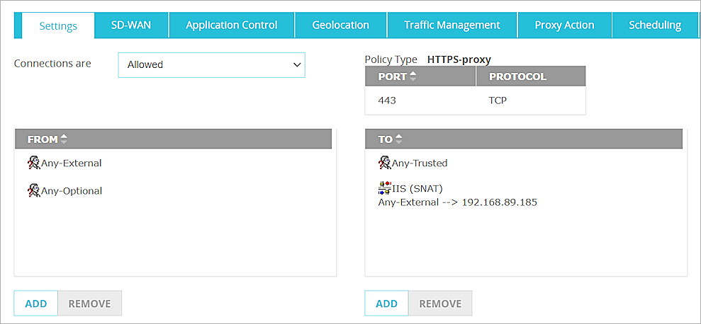 Screen shot of the From and To lists in the HTTPS-Proxy policy